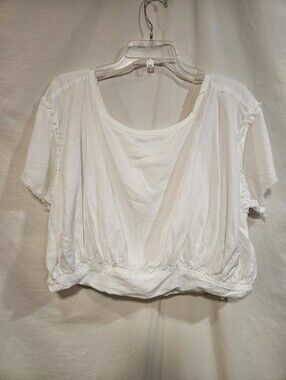 We The Free White Cropped Elastic-Hem Scoop Neck Tee